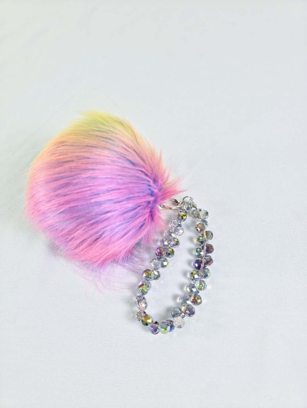 XL Neon Rainbow Pompom Purse Charm Wrist Strap Multicolor Faceted Beads Sparkly